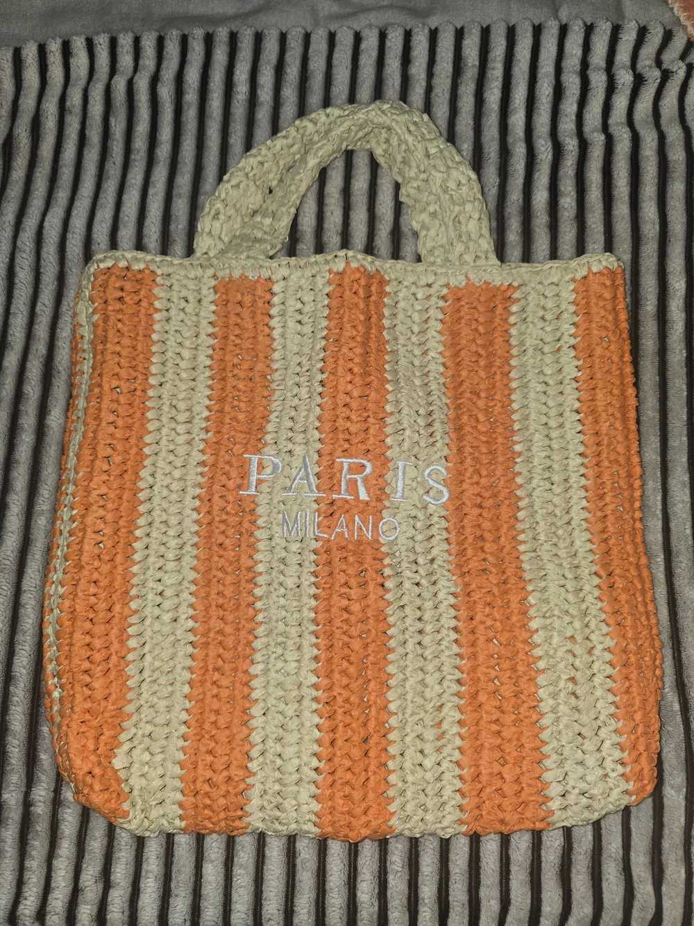 Striped Straw Crochet Tote Bag in Orange and Beige 